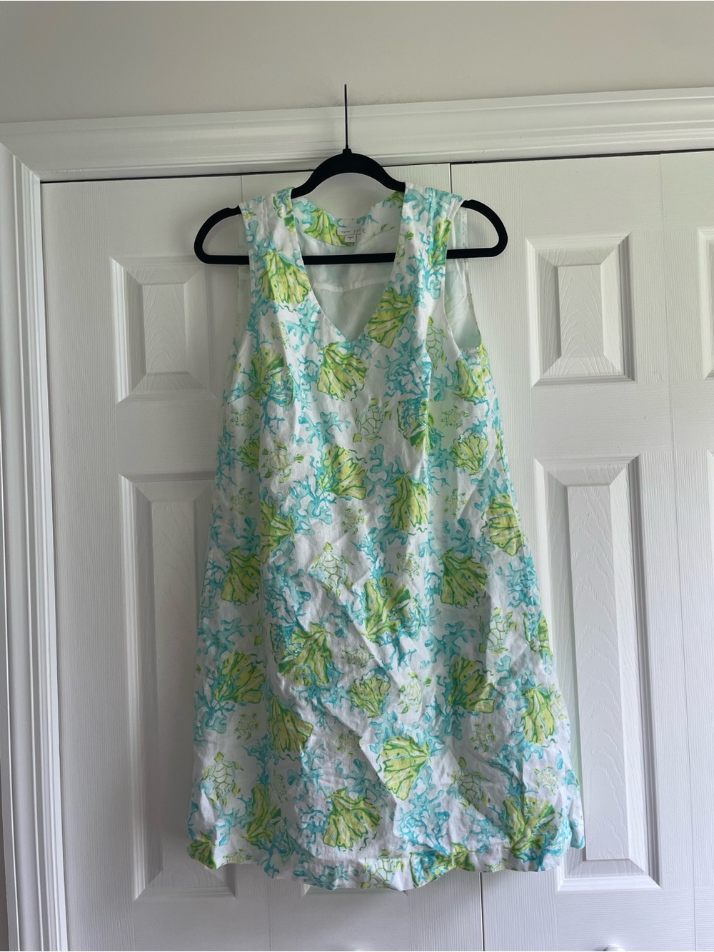 J. Jill Sleeveless V-Neck Linen Shift Dress in White, Lime & Aqua